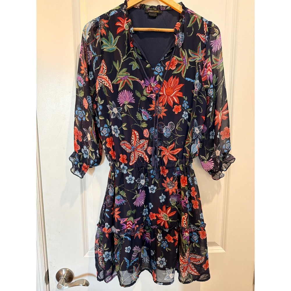 Robert Louis Navy Floral Chiffon Mini Dress Tassel Tie Ruffle Hem Size M